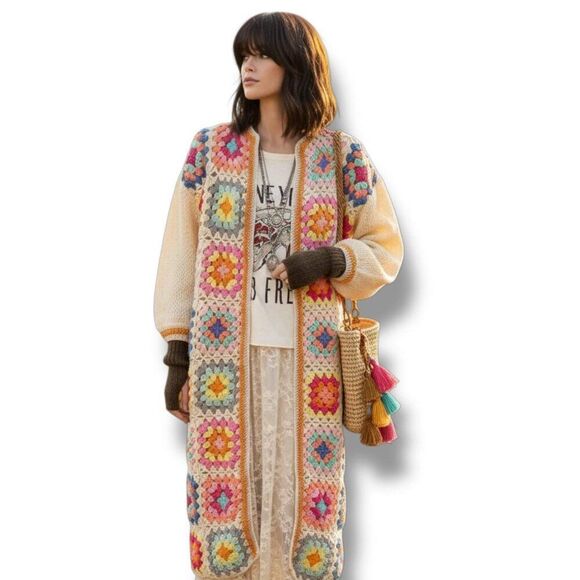 Wild Time Fashion Sweaters - Handmade Granny Square Crochet Cardigan - Long Boho Duster Jacket Maxi NWT